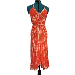 Orange tie dye high low maxi dress for festival with adjustable halter straps